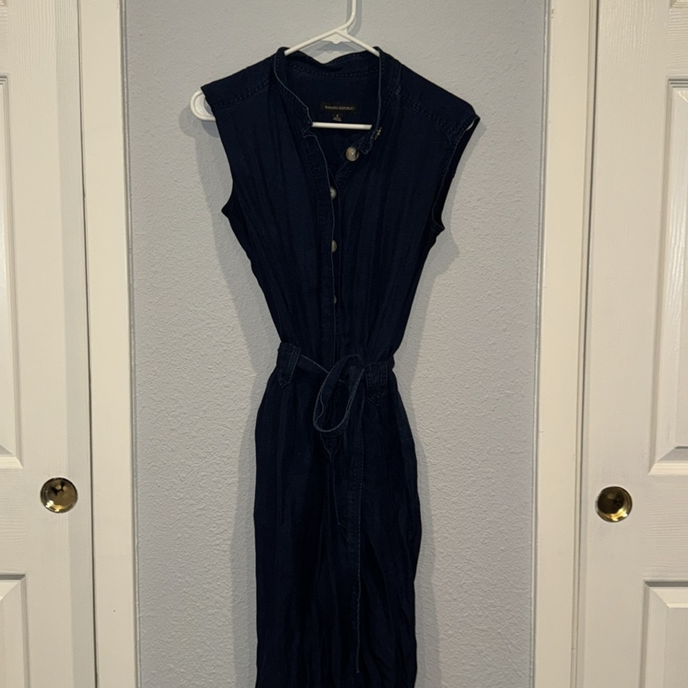 Banana Republic Utility Jumpsuit Sleeveless Chambray Denim Button Tie Pickets - Picture 5 of 14